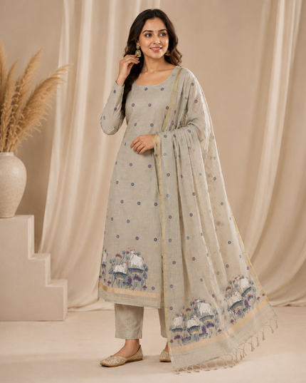 Premium Muga Cotton Jamdani Pichwai Weaving 3 Piece Unstitched Salwar Suit Dress Material with Woven Dupatta