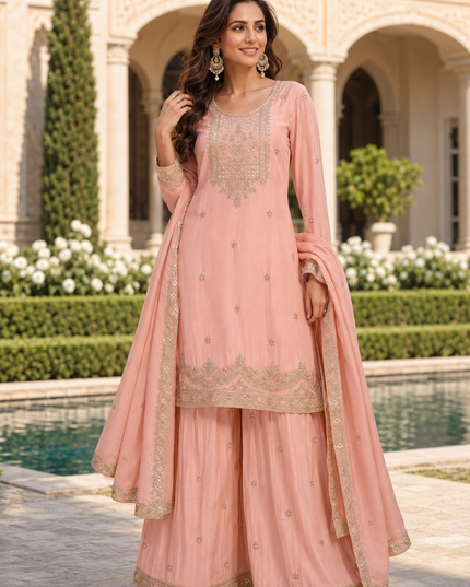 Premium Chinnon Hand Beaded Embroidered Kurta Palazzo Dupatta Set for Women