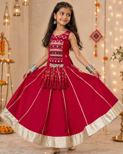 Navratri Girls Pure Cotton Mirror Work Lehenga Choli Set with Ribbon and Lampi Border
