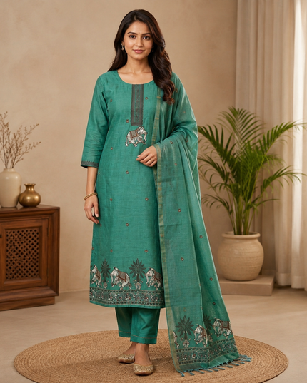 Premium Muga Cotton Jamdani Pichwai Weaving 3 Piece Unstitched Salwar Suit | Dress Material with Dupatta