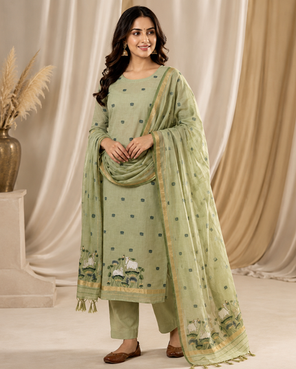 Premium Muga Cotton Jamdani Pichwai Weaving 3 Piece Unstitched Salwar Suit Dress Material with Woven Dupatta