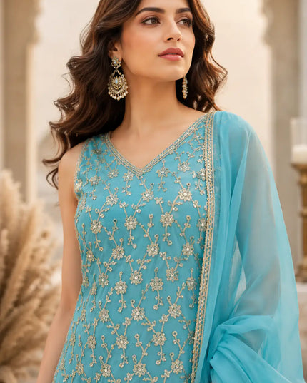 Designer Heavy Star Georgette 3 Piece Suit Set with Sequin Embroidery and Lace Dupatta
