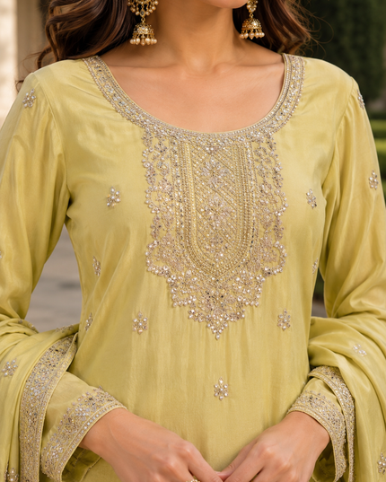 Premium Chinnon Hand Beaded Embroidered Kurta Palazzo Dupatta Set for Women