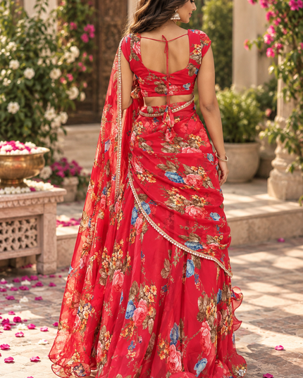 Georgette Digital Print Lehenga Saree with Stitched Blouse and Attached Pallu