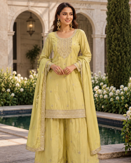 Premium Chinnon Hand Beaded Embroidered Kurta Palazzo Dupatta Set for Women