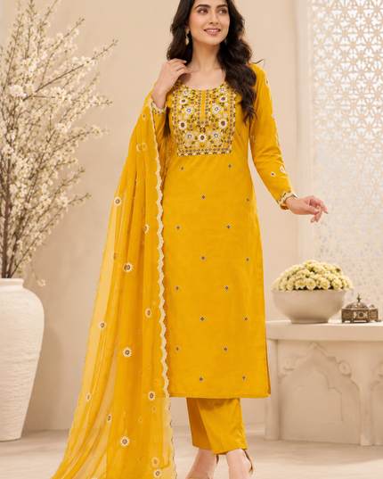 Women’s Heavy Rayon Embroidered Kurta Pant Set with Chiffon Embroidered Dupatta