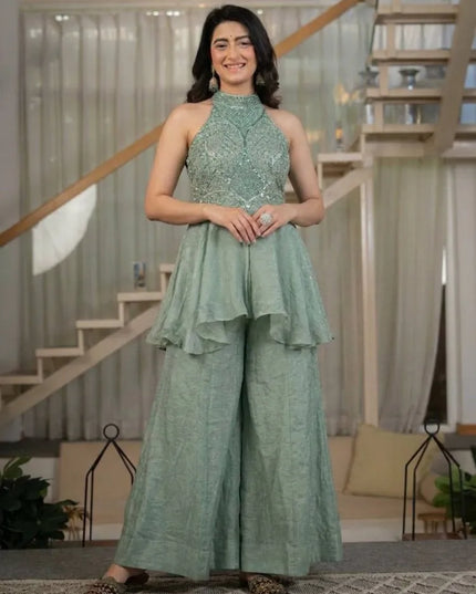 Heavy Fandi Crush Full Neck Top with Sharara Palazzo Set