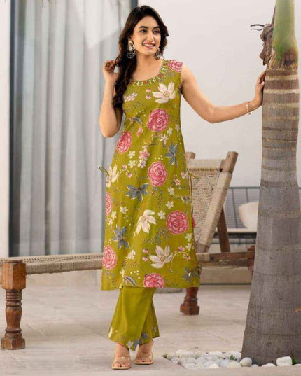 2 - Piece Premium Viscose Vatican Print Kurti Pant Set with Real Mirror & Hand Work - Rosepetals Luxe