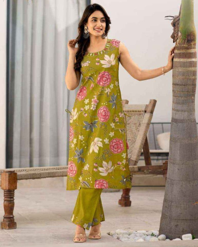 2 - Piece Premium Viscose Vatican Print Kurti Pant Set with Real Mirror & Hand Work - Rosepetals Luxe