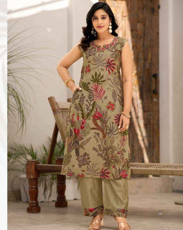 2 - Piece Premium Viscose Vatican Print Kurti Pant Set with Real Mirror & Hand Work - Rosepetals Luxe