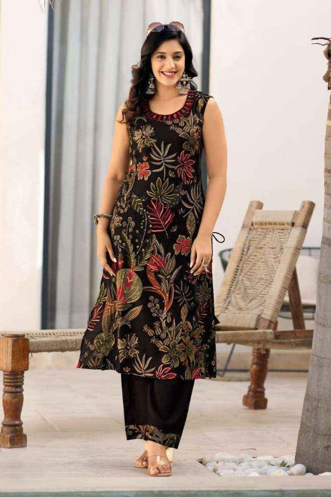 2 - Piece Premium Viscose Vatican Print Kurti Pant Set with Real Mirror & Hand Work - Rosepetals Luxe