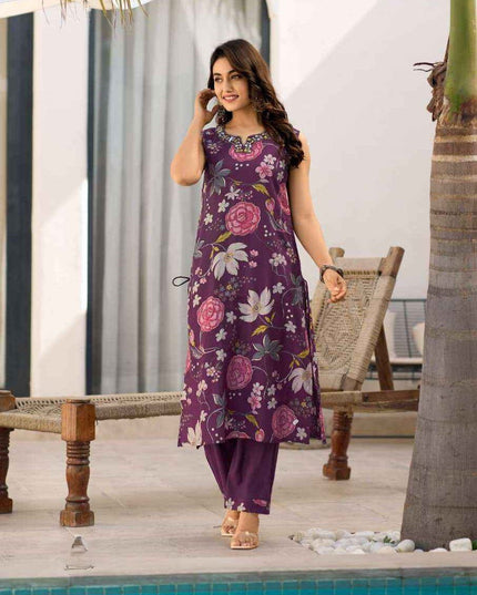 2 - Piece Premium Viscose Vatican Print Kurti Pant Set with Real Mirror & Hand Work - Rosepetals Luxe