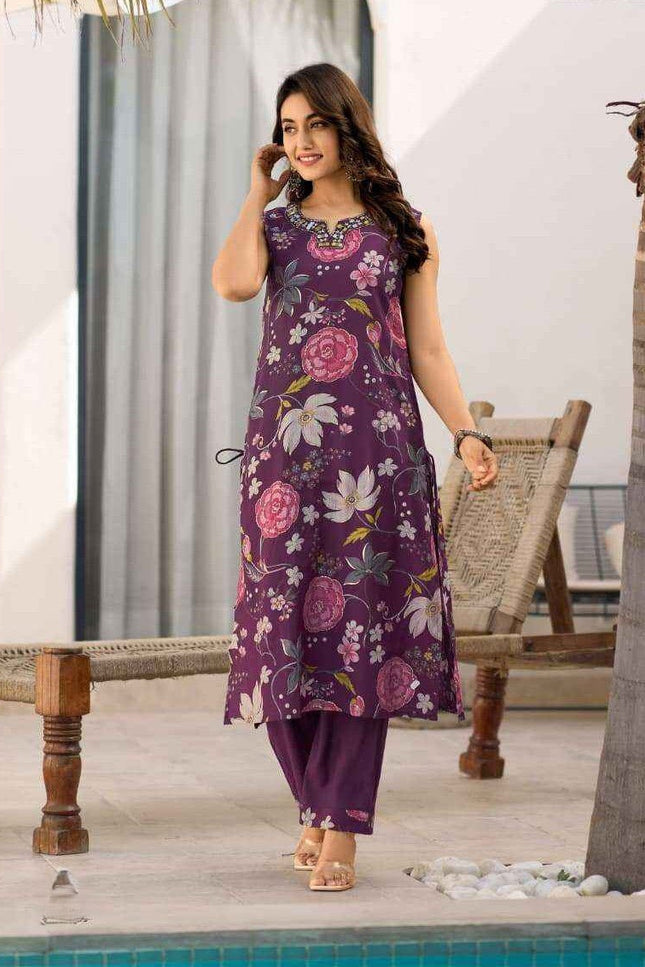 2 - Piece Premium Viscose Vatican Print Kurti Pant Set with Real Mirror & Hand Work - Rosepetals Luxe