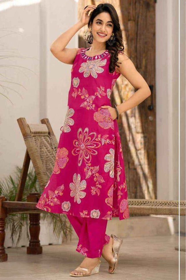 2 - Piece Premium Viscose Vatican Print Kurti Pant Set with Real Mirror & Hand Work - Rosepetals Luxe