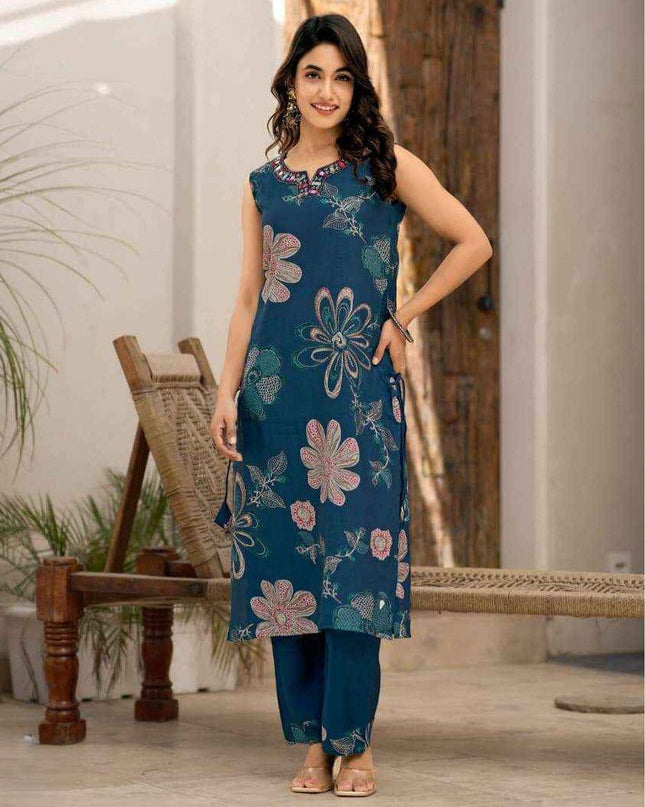 2 - Piece Premium Viscose Vatican Print Kurti Pant Set with Real Mirror & Hand Work - Rosepetals Luxe
