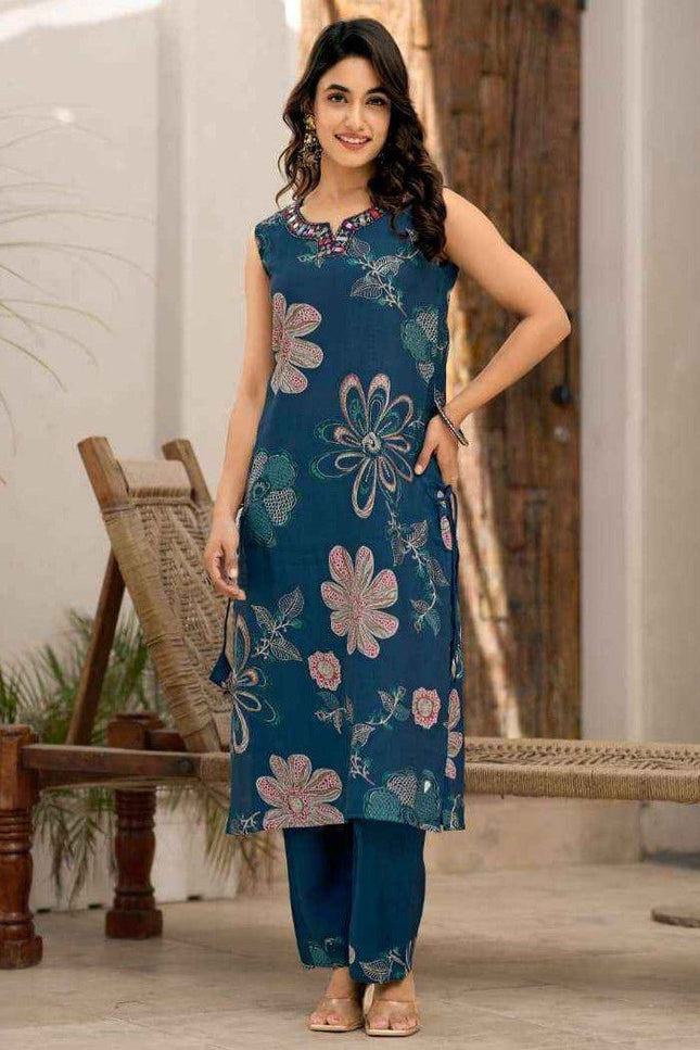 2 - Piece Premium Viscose Vatican Print Kurti Pant Set with Real Mirror & Hand Work - Rosepetals Luxe
