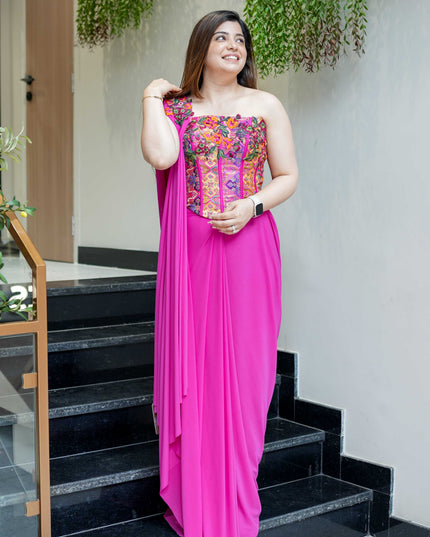 Pink Rangoli Silk Pre-Draped Saree | Fully Stitched Blouse | Free Size M–XXL