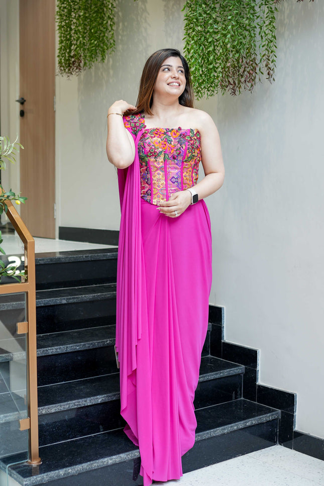 Pink Rangoli Silk Pre-Draped Saree | Fully Stitched Blouse | Free Size M–XXL