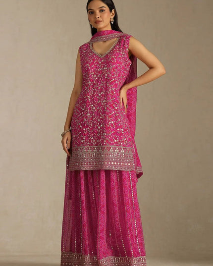 Pink Heavy Faux Georgette Digital Print Embroidery Sharara Set