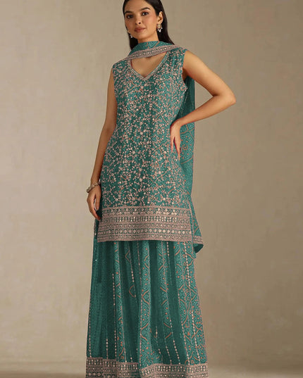 Sea Green Heavy Faux Georgette Digital Print Embroidery Sharara Set