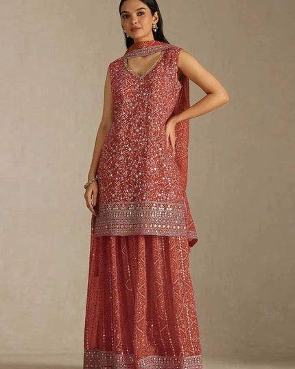 Orange Heavy Faux Georgette Digital Print Embroidery Sharara Set