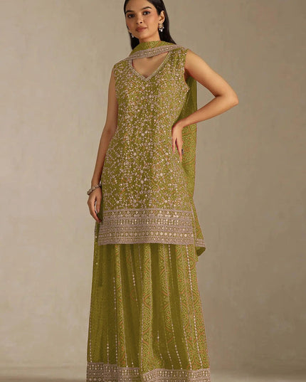 Green Heavy Faux Georgette Digital Print Embroidery Sharara Set