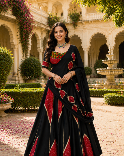 Women’s Ajrakh Print Rayon Lehenga Choli with Mirror Lace, Gotta Patti & Dupatta | Navratri Festive Wear