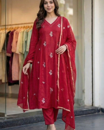 3 Piece Anarkali Gown Pant Dupatta Set | Premium Silk Heavy Embroidery - Rosepetals Luxe
