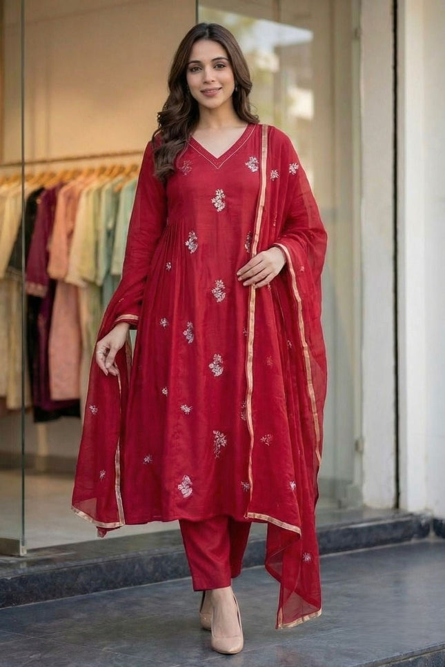 3 Piece Anarkali Gown Pant Dupatta Set | Premium Silk Heavy Embroidery - Rosepetals Luxe