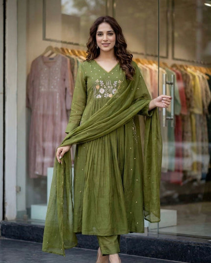 3 Piece Anarkali Gown Pant Dupatta Set | Premium Silk Heavy Embroidery - Rosepetals Luxe