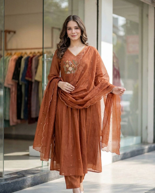 3 Piece Anarkali Gown Pant Dupatta Set | Premium Silk Heavy Embroidery - Rosepetals Luxe