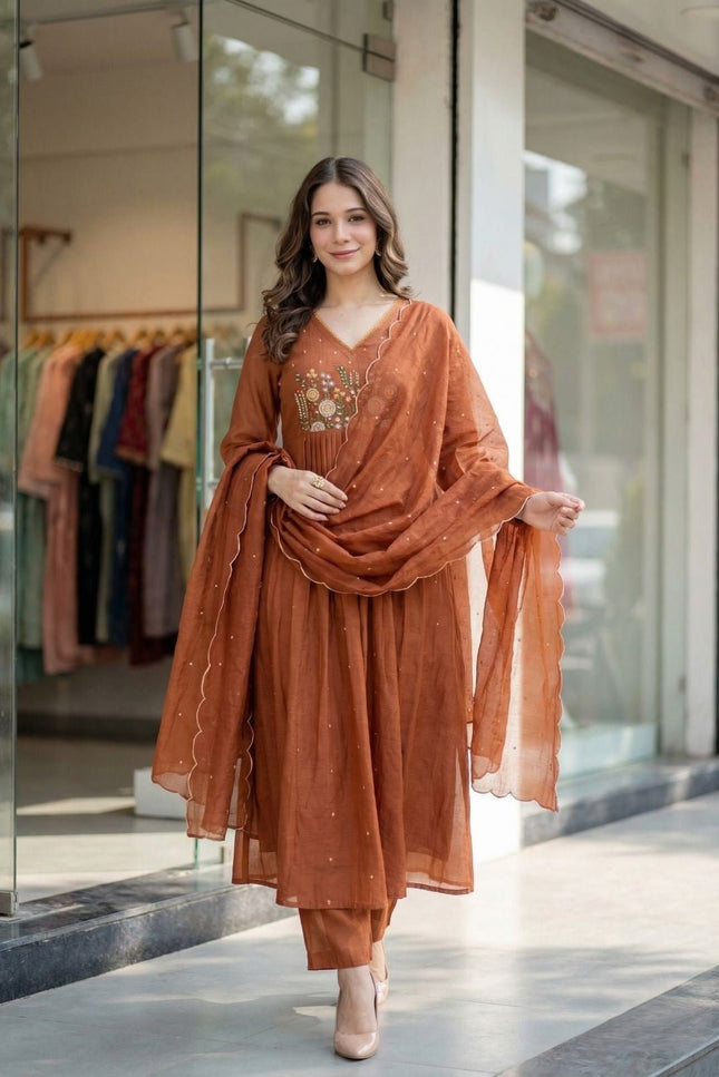 3 Piece Anarkali Gown Pant Dupatta Set | Premium Silk Heavy Embroidery - Rosepetals Luxe