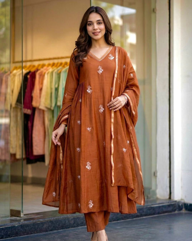 3 Piece Anarkali Gown Pant Dupatta Set | Premium Silk Heavy Embroidery - Rosepetals Luxe