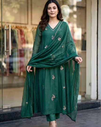 3 Piece Anarkali Gown Pant Dupatta Set | Premium Silk Heavy Embroidery - Rosepetals Luxe