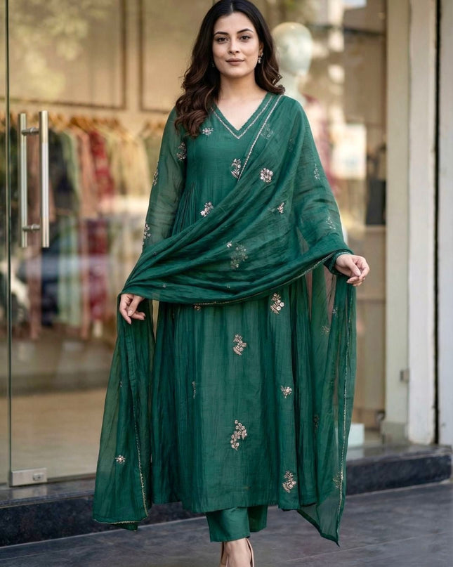 3 Piece Anarkali Gown Pant Dupatta Set | Premium Silk Heavy Embroidery - Rosepetals Luxe