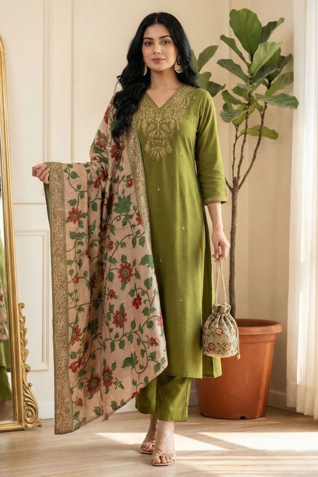 3 - Piece Anarkali Gown Pant Dupatta Set | Premium Silk with Heavy Embroidery - Rosepetals Luxe