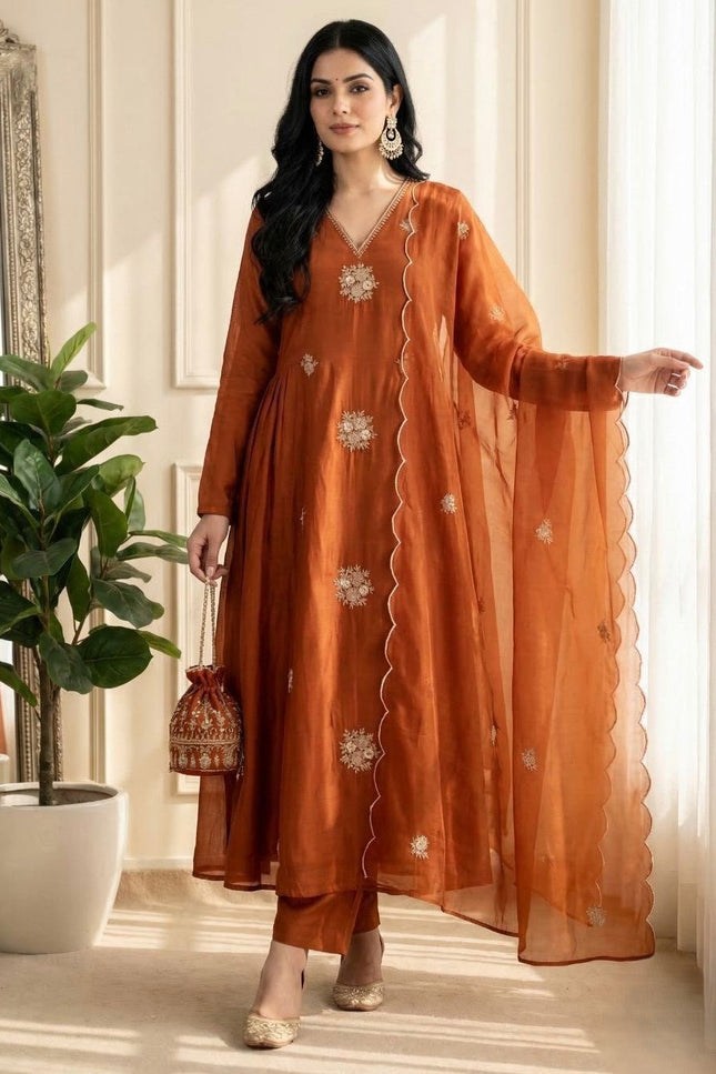 3 - Piece Anarkali Gown Pant Dupatta Set | Premium Silk with Heavy Embroidery - Rosepetals Luxe