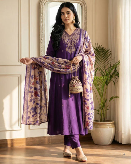 3 - Piece Anarkali Gown Pant Dupatta Set | Premium Silk with Heavy Embroidery - Rosepetals Luxe
