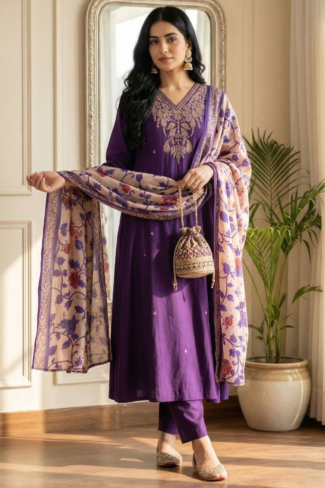 3 - Piece Anarkali Gown Pant Dupatta Set | Premium Silk with Heavy Embroidery - Rosepetals Luxe