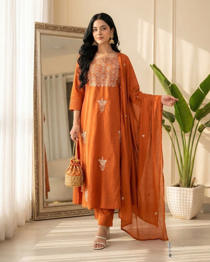 3 - Piece Anarkali Gown Pant Dupatta Set | Premium Silk with Heavy Embroidery - Rosepetals Luxe