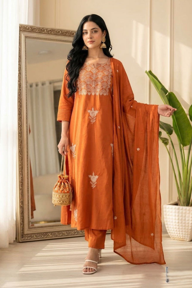 3 - Piece Anarkali Gown Pant Dupatta Set | Premium Silk with Heavy Embroidery - Rosepetals Luxe