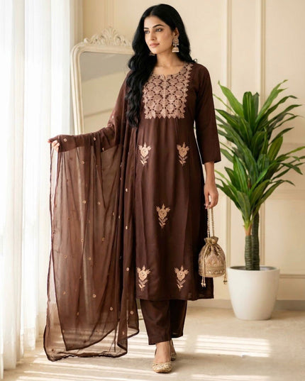 3 - Piece Anarkali Gown Pant Dupatta Set | Premium Silk with Heavy Embroidery - Rosepetals Luxe