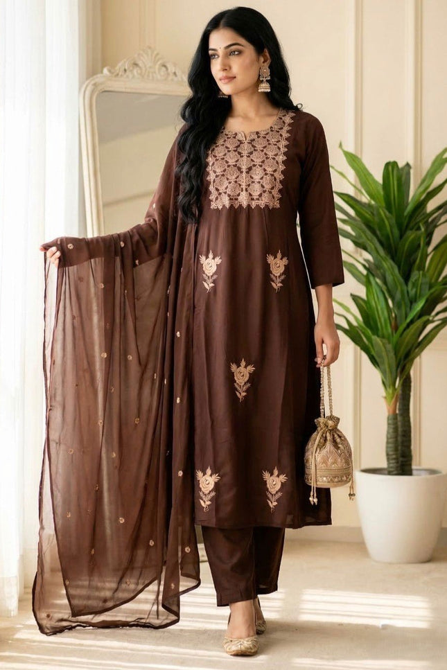 3 - Piece Anarkali Gown Pant Dupatta Set | Premium Silk with Heavy Embroidery - Rosepetals Luxe