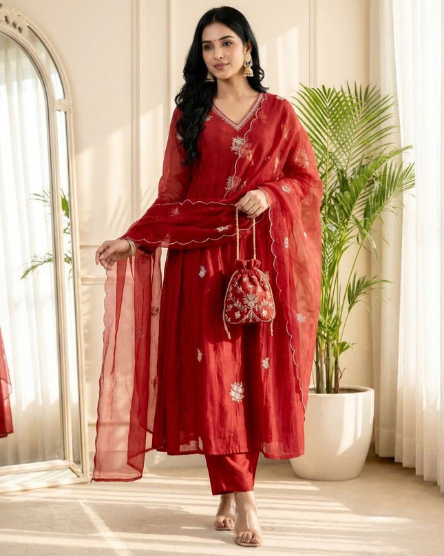 3 - Piece Anarkali Gown Pant Dupatta Set | Premium Silk with Heavy Embroidery - Rosepetals Luxe