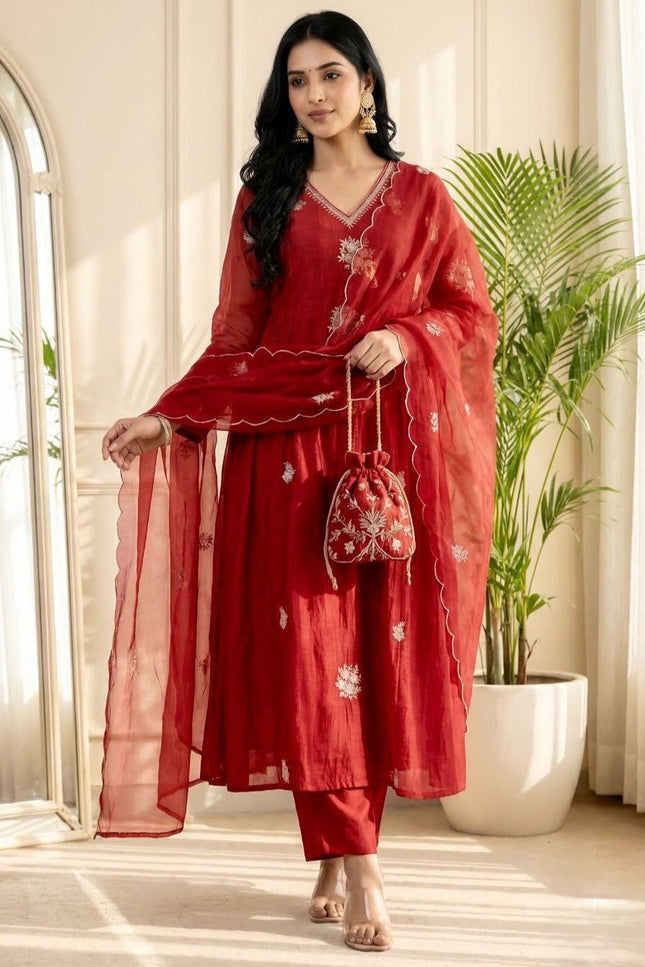 3 - Piece Anarkali Gown Pant Dupatta Set | Premium Silk with Heavy Embroidery - Rosepetals Luxe