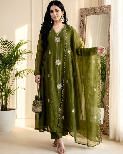 3 - Piece Anarkali Gown Pant Dupatta Set | Premium Silk with Heavy Embroidery - Rosepetals Luxe