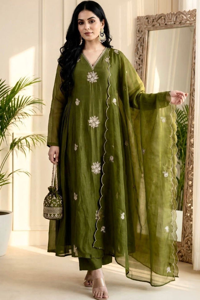 3 - Piece Anarkali Gown Pant Dupatta Set | Premium Silk with Heavy Embroidery - Rosepetals Luxe