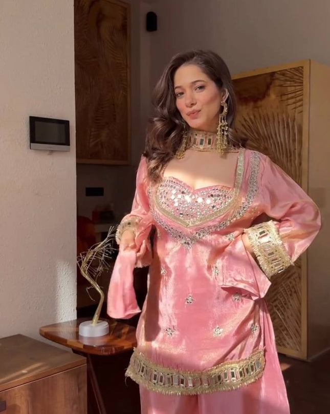 3 - Piece Fendi Silk Top Sharara Palazzo Dupatta Set with Real Mirror Work and Lace Border - Rosepetals Luxe