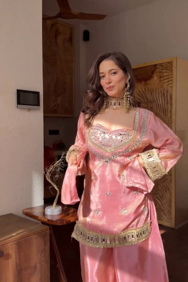 3 - Piece Fendi Silk Top Sharara Palazzo Dupatta Set with Real Mirror Work and Lace Border - Rosepetals Luxe