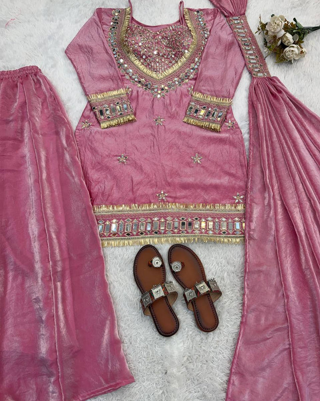 3 - Piece Fendi Silk Top Sharara Palazzo Dupatta Set with Real Mirror Work and Lace Border - Rosepetals Luxe